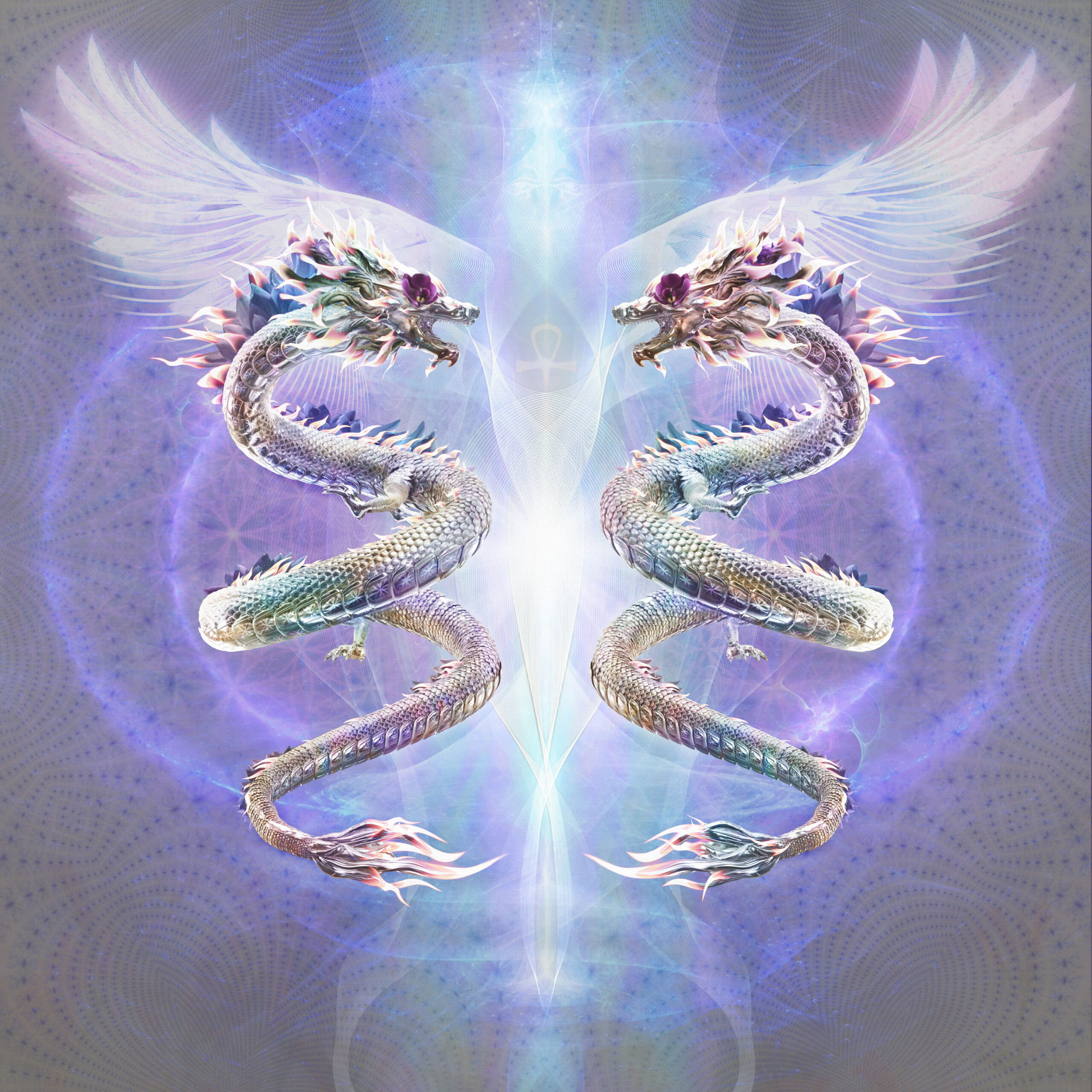 Alchemy: Prima Materia — two mirrored seraphim rising through a toroidal field of light, digital painting by Leah Beth Flippen