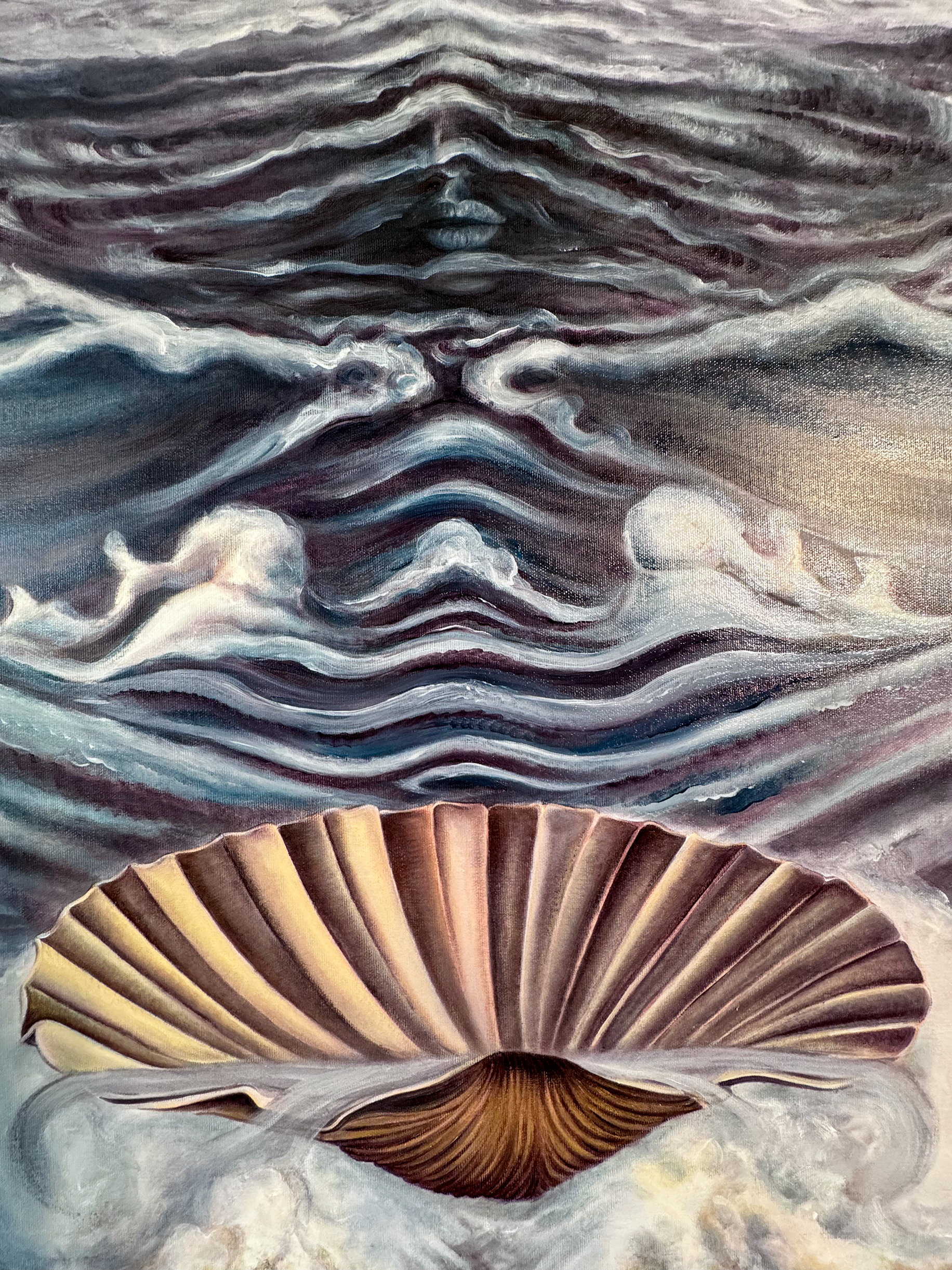 Detail of mirrored waves and the emerging face motif in The Birth of Venus