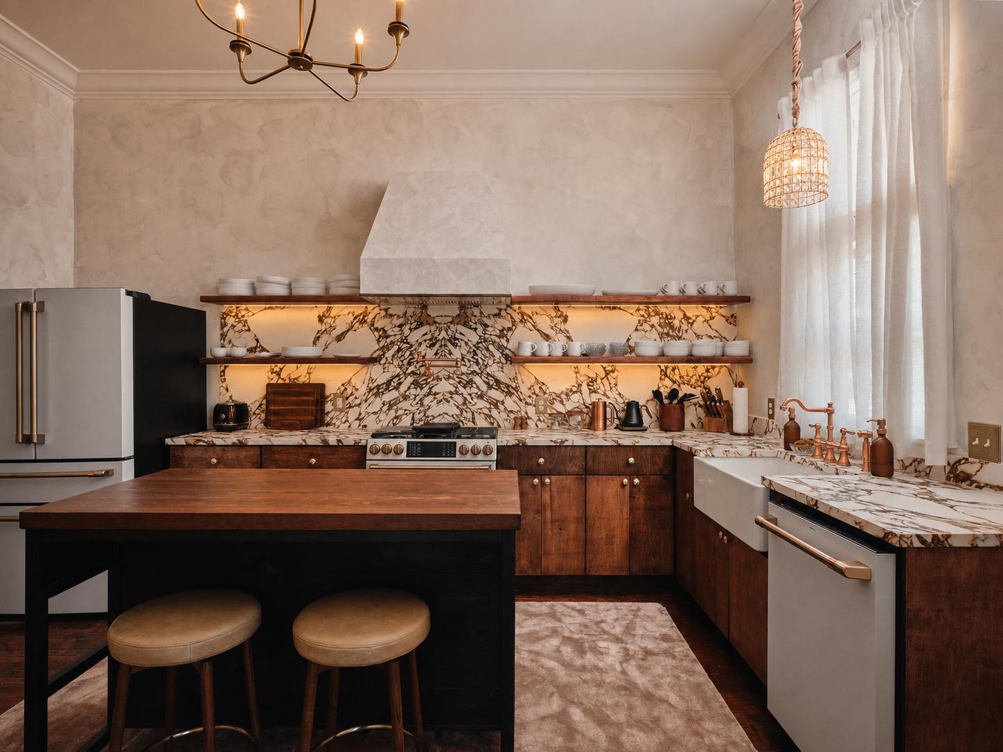 The kitchen in limewash, viola, and copper