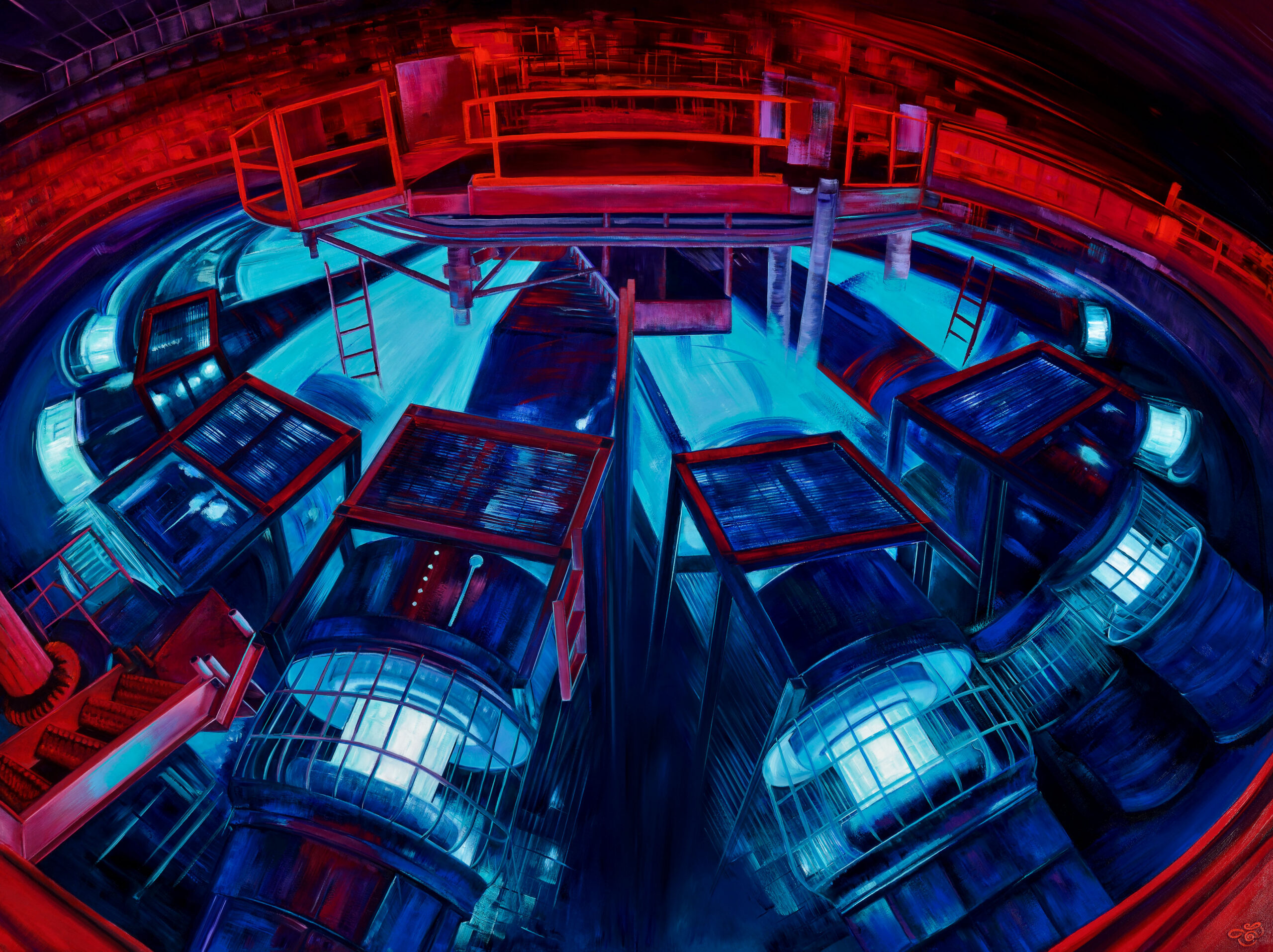 Portrait of Z, full painting — a fisheye view into the chamber of the Z Machine at Sandia National Laboratories, oil on gesso board