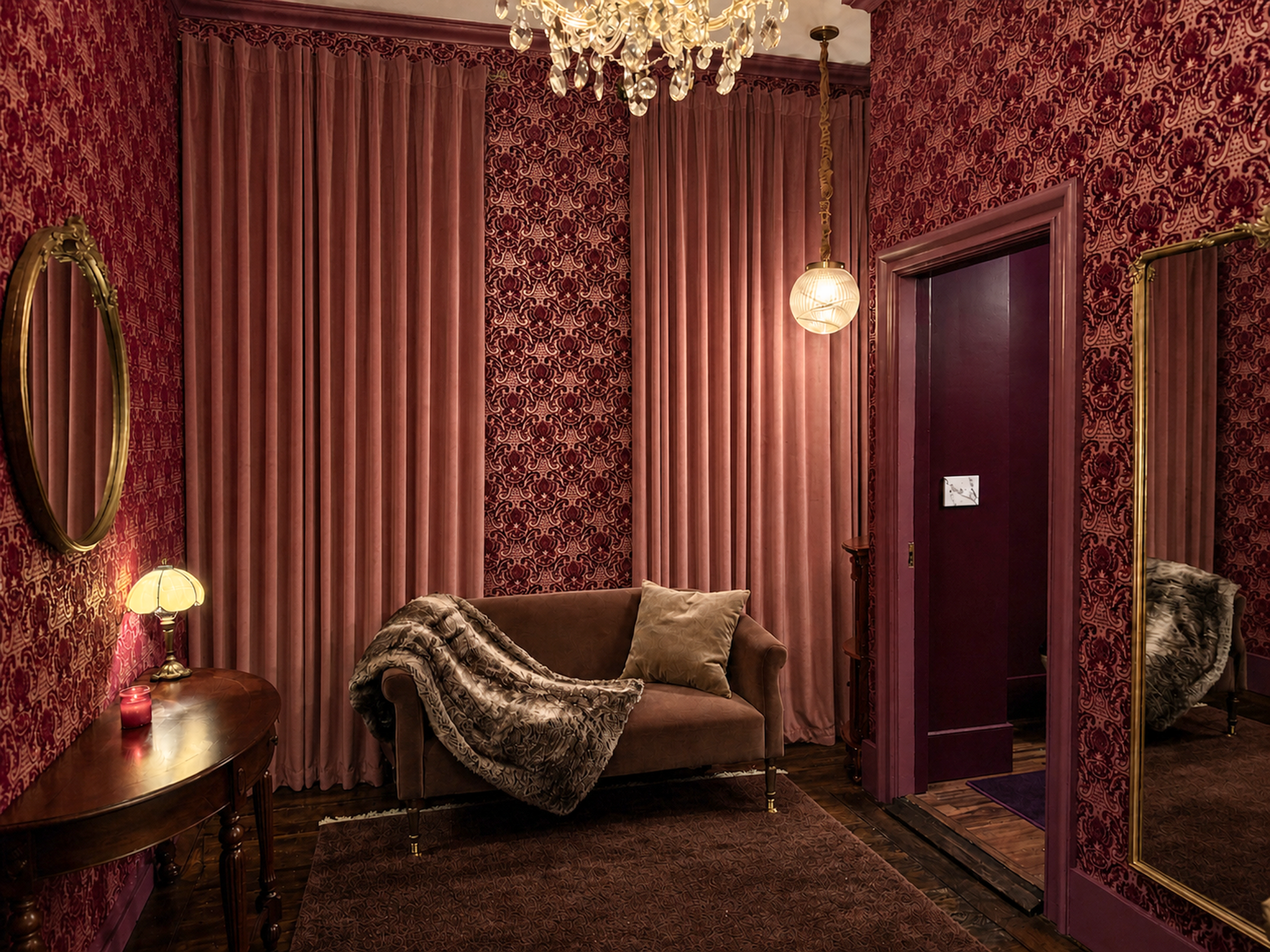 The dressing room, lit for the evening