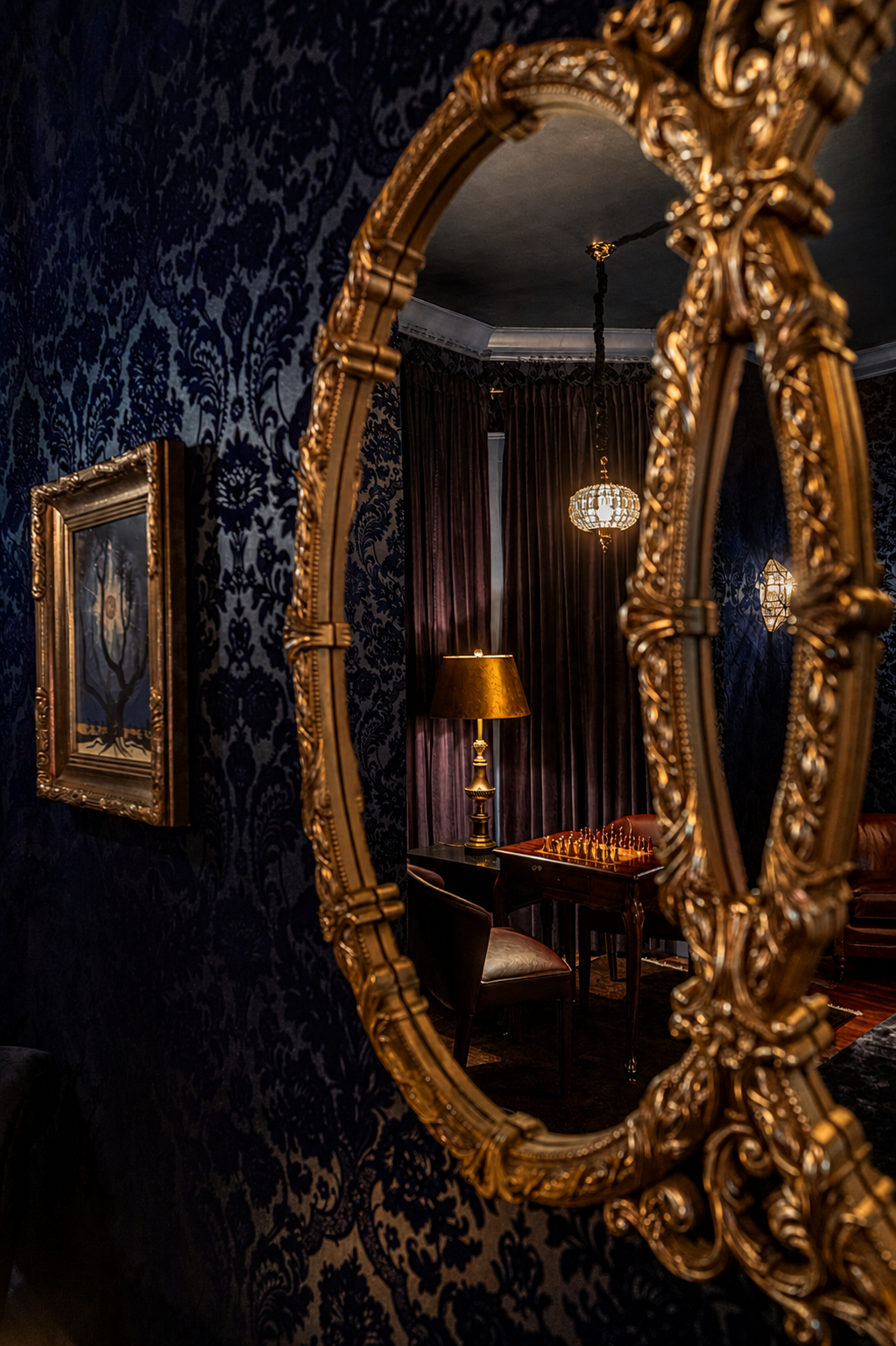 Gilt oval mirror reflecting the salon