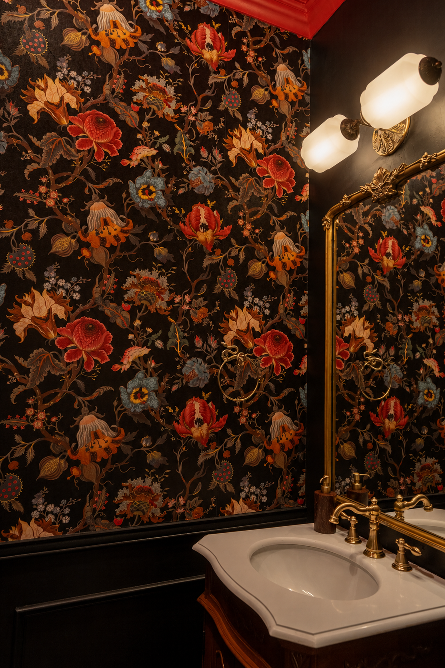 The full height of the room, dark and immersive