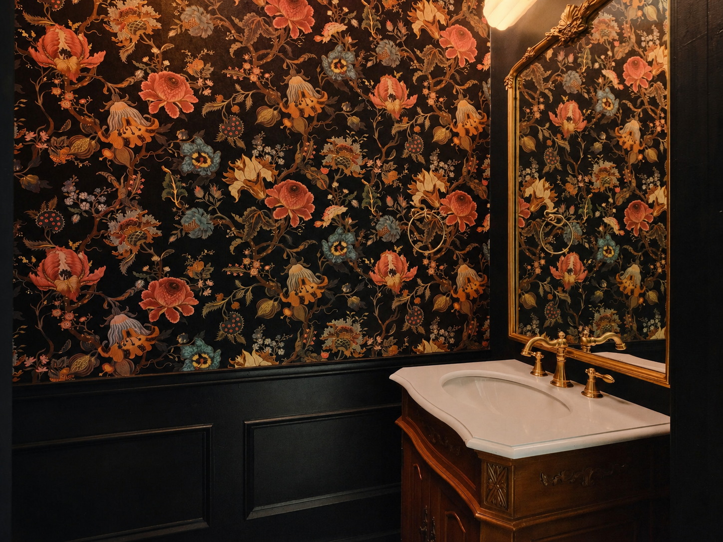The powder room with its light lit, brass and botanical