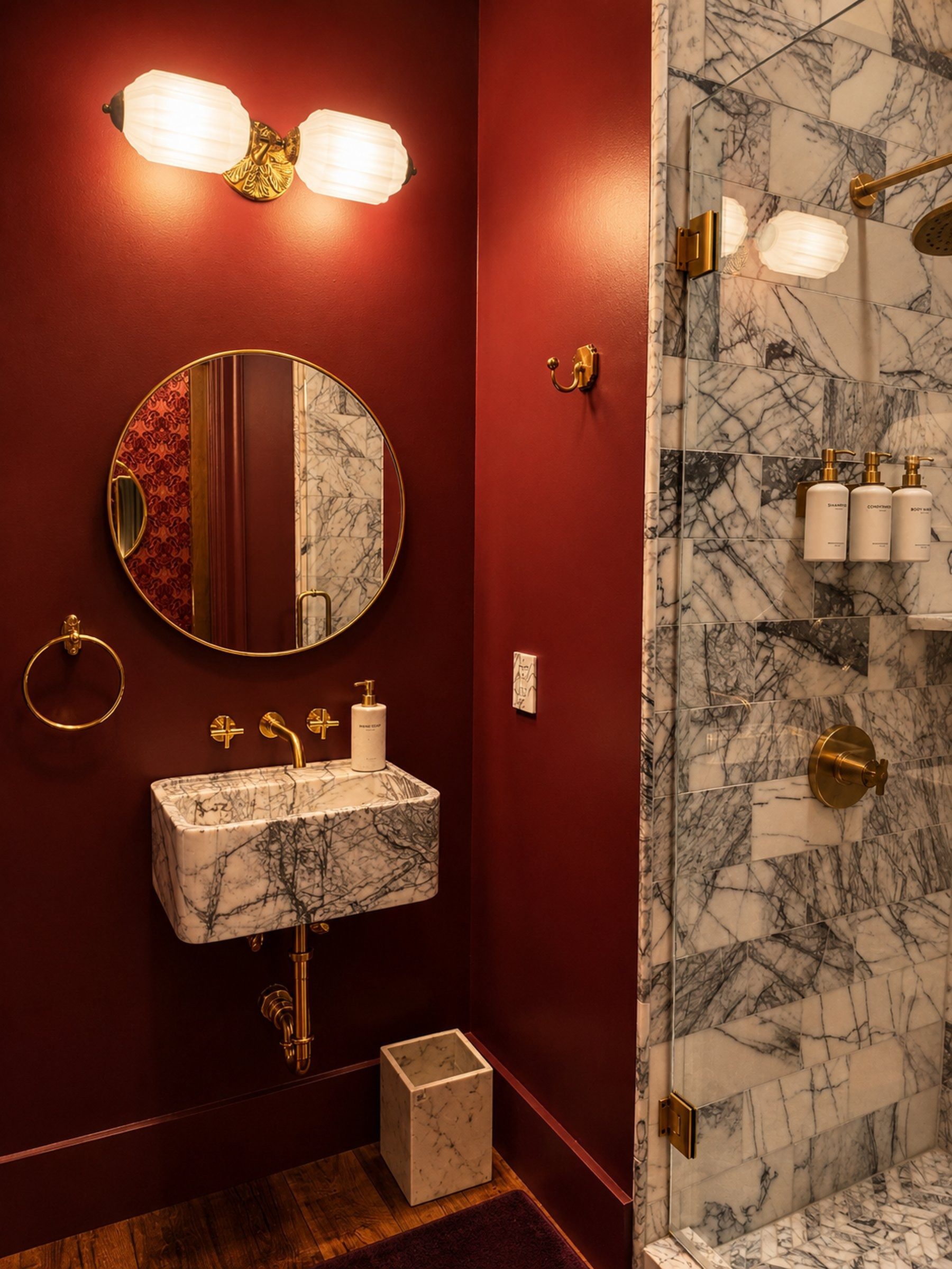 The dressing room bath in oxblood and marble