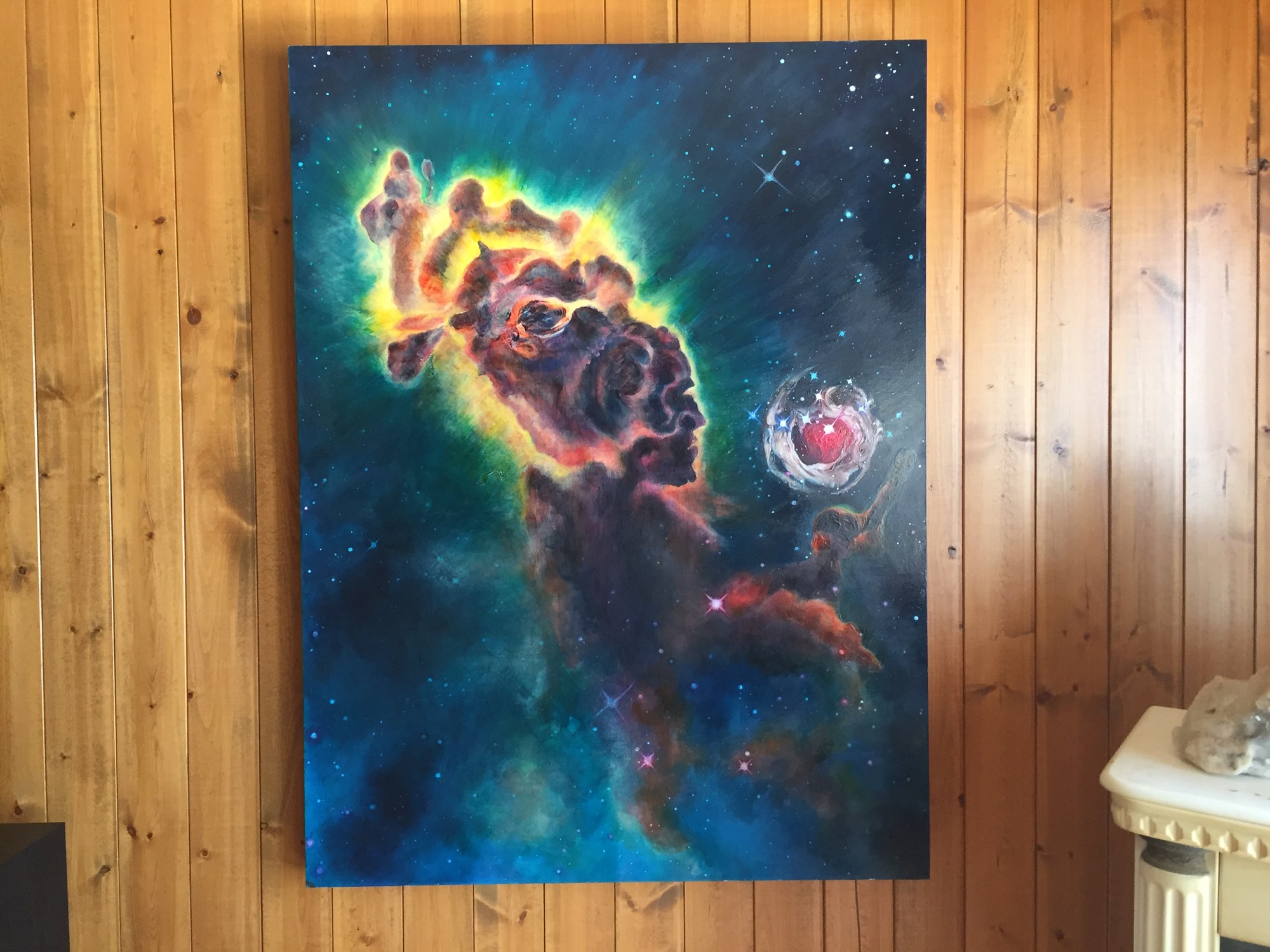 Prometheus’s Fire, the original oil painting, hung on a wood-panelled wall beside a pale plinth.