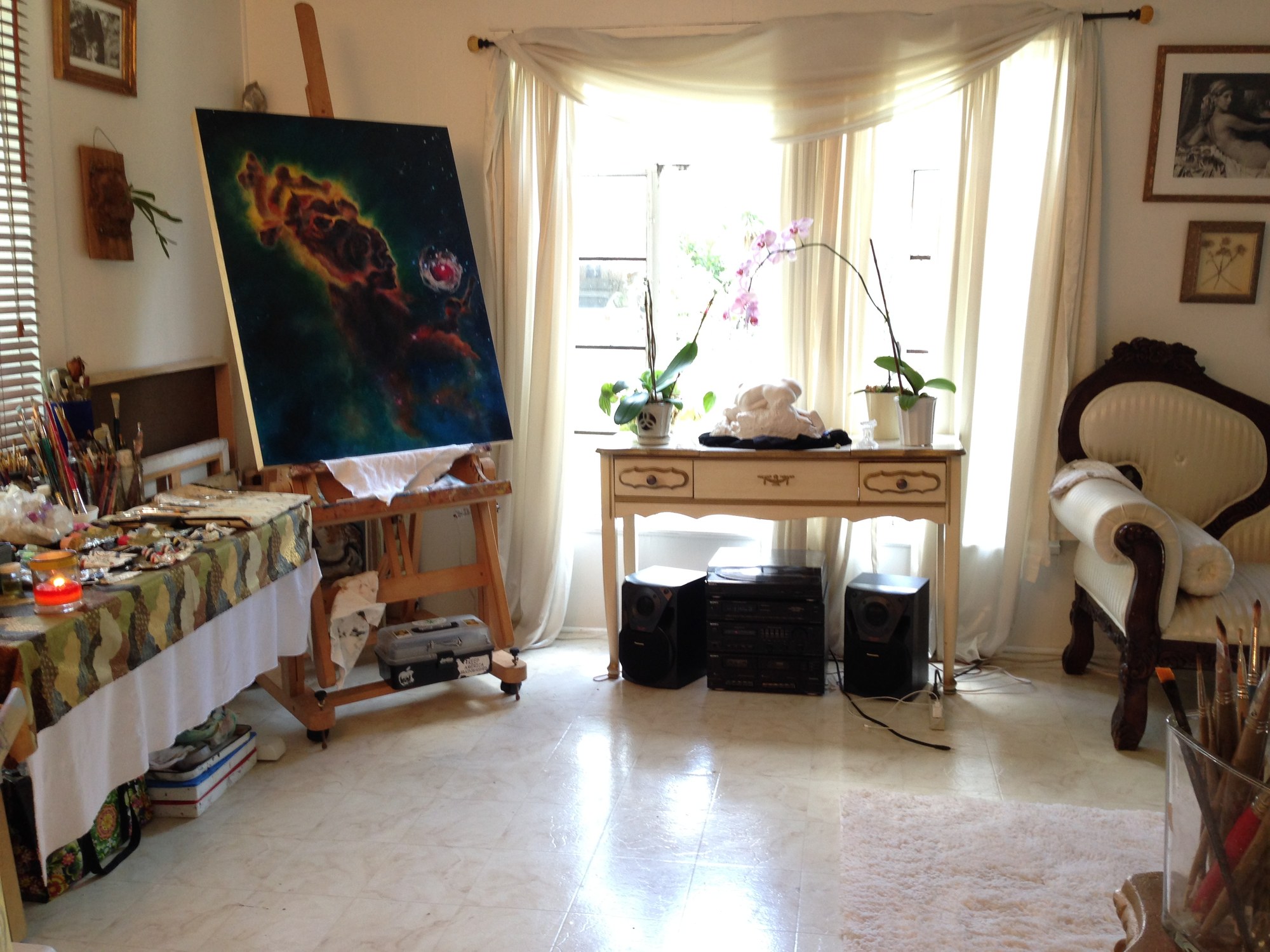 Prometheus’s Fire on the easel in the studio, in the light of a curtained bay window.