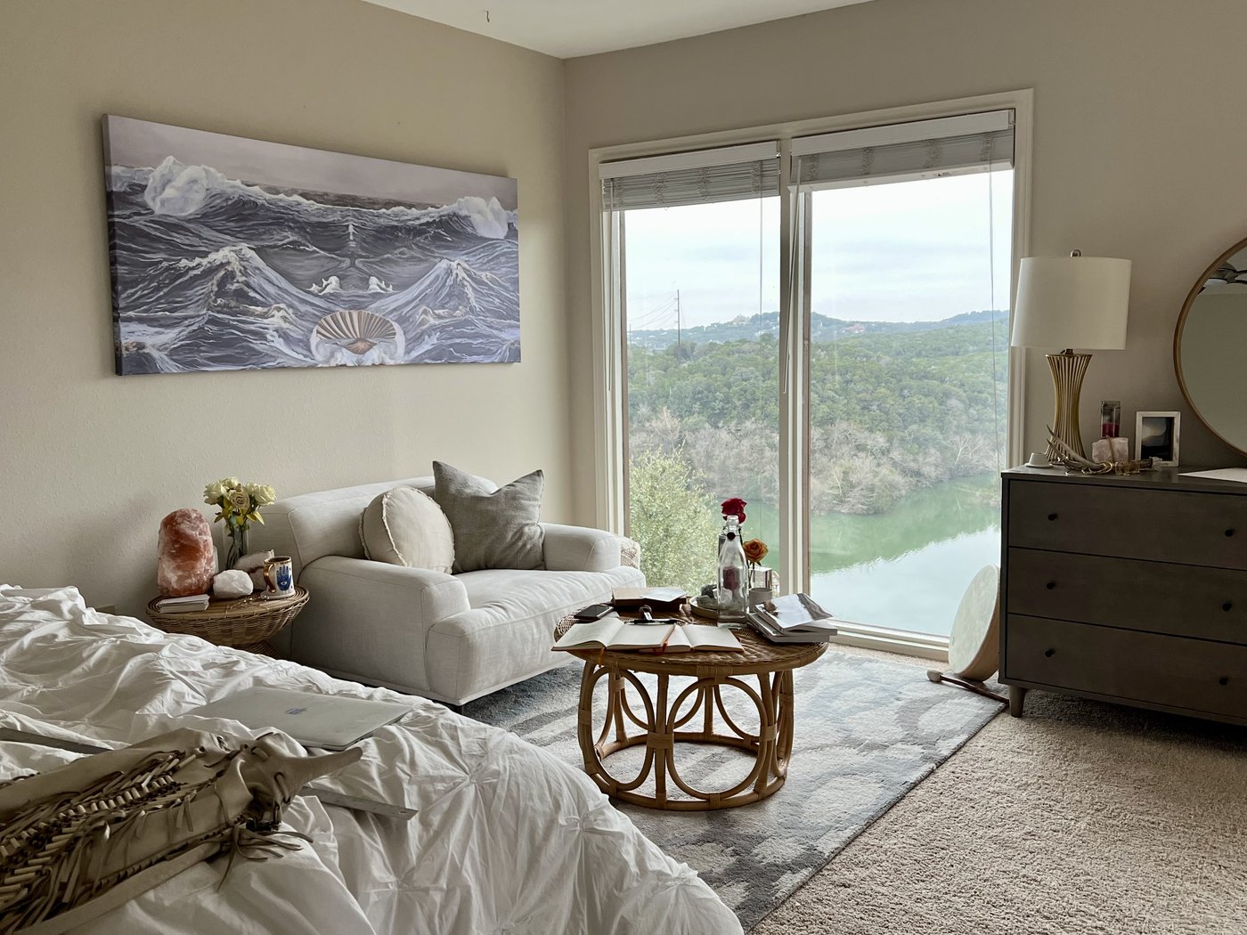 The Birth of Venus installed above a reading nook loveseat, overlooking a lake